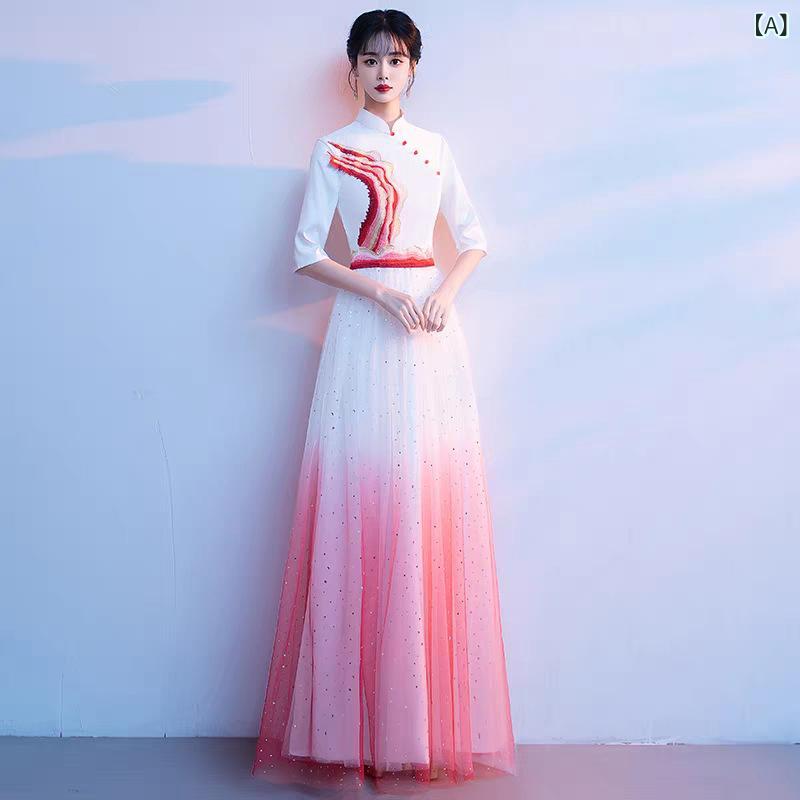 舞台衣装 男女用 合唱 朗読 紅歌 学生 演出 表演服 司会服 中国風 気質 通勤 彩虹 紅白 白色 竹子 ポリエステル ポリエステル繊維 切り替え ジッパー 春季 気質 優雅 東南アジア風