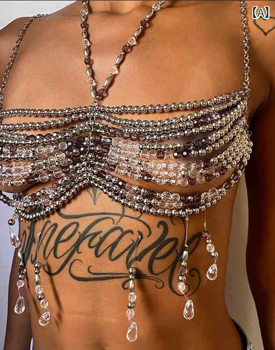 胸? 女性用 ビーズ 手工 シルバー ゴールド トップス インナー ボディチェーン ボディジュエリー 華奢 レイヤード 春 アクセサリー