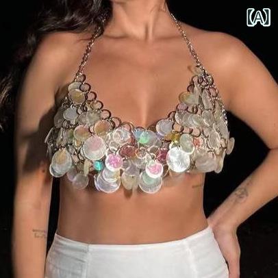 トップス 女性用 キャミソール 超短丈 肩紐取り外し可能 亮片 薄片 合金 ハング チェーン 切り替え 幾何学模様 ワンサイズ ストリートファッション ルーズフィット 個性派 接触冷感 夏 ??
