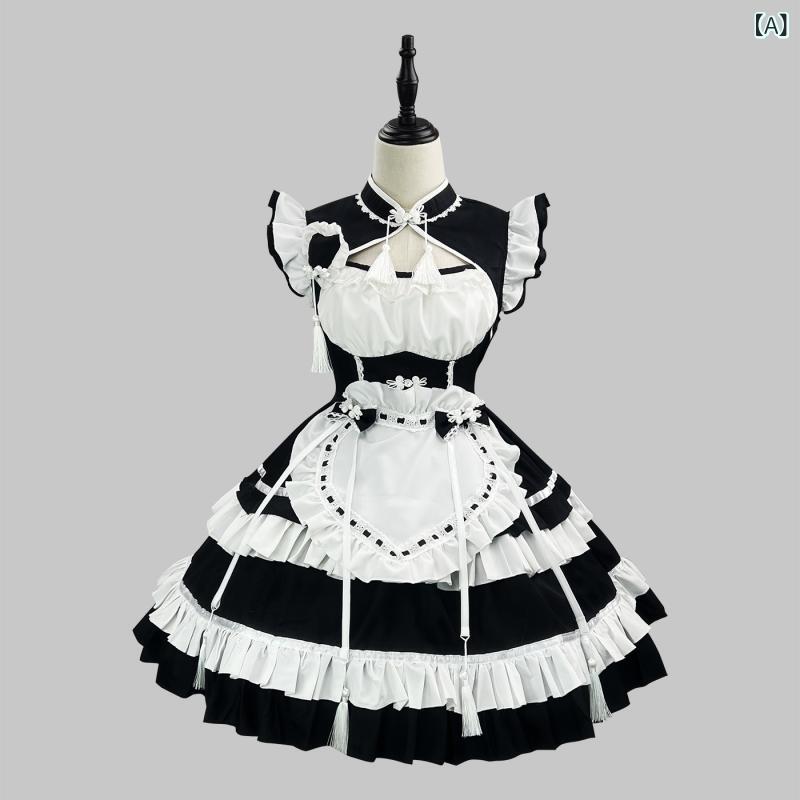 チャイナドレス メイド服 ロリータ 女性用 コスプレ コスチューム 連衣裙 ドレス セット 黒 ワインレッド ポリエステル 聚?繊維 春 復古 中国風 甘め 清新 劇場 ゲーム アニメ ロールプレイ かわいい 華やか ゆったり 伸縮性 日系