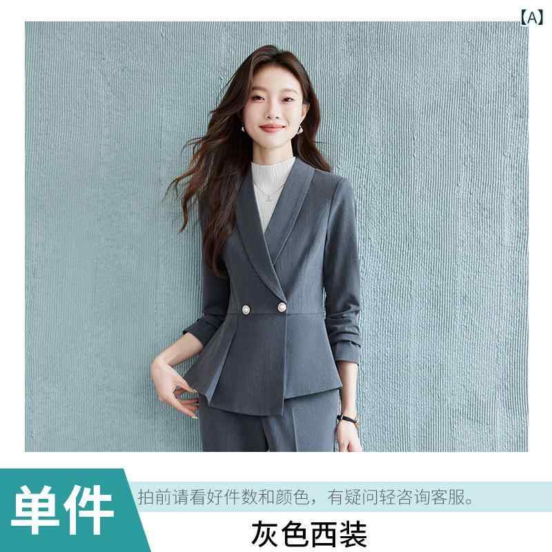 レディース スーツ セット 春秋 職業服 ホテル マネージャー 制服 長袖 長ズボン グレー 紺 ブラック ポリエステル 粘膠繊維 ビジネス 通勤 フォーマル セットアップ ジャケット パンツ コーデ 吸湿速乾 ストレッチ 洗いやすい