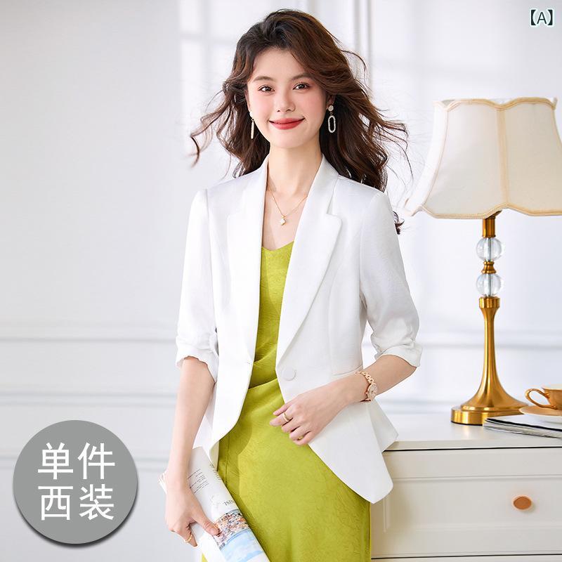 レディース 西装ジャケット セット 夏 薄手 中袖 通勤 透気性 ポリエステル ストレッチ 免? 白色 ブラウス 組み合わせ 香?色 カーキ ブラック セットアップ 七分袖 一粒扣 西装領 気質 スタイル セット