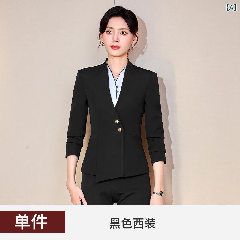 レディース スーツセット ジャケット ブラウス パンツ スカート ブラック ブルー レッド ポリエステル スパンデックス ストレッチ 長袖 ロングパンツ 通勤 ホテル 受付 事務服 フォーマル ビジネス セットアップ 気品 エレガント 春夏