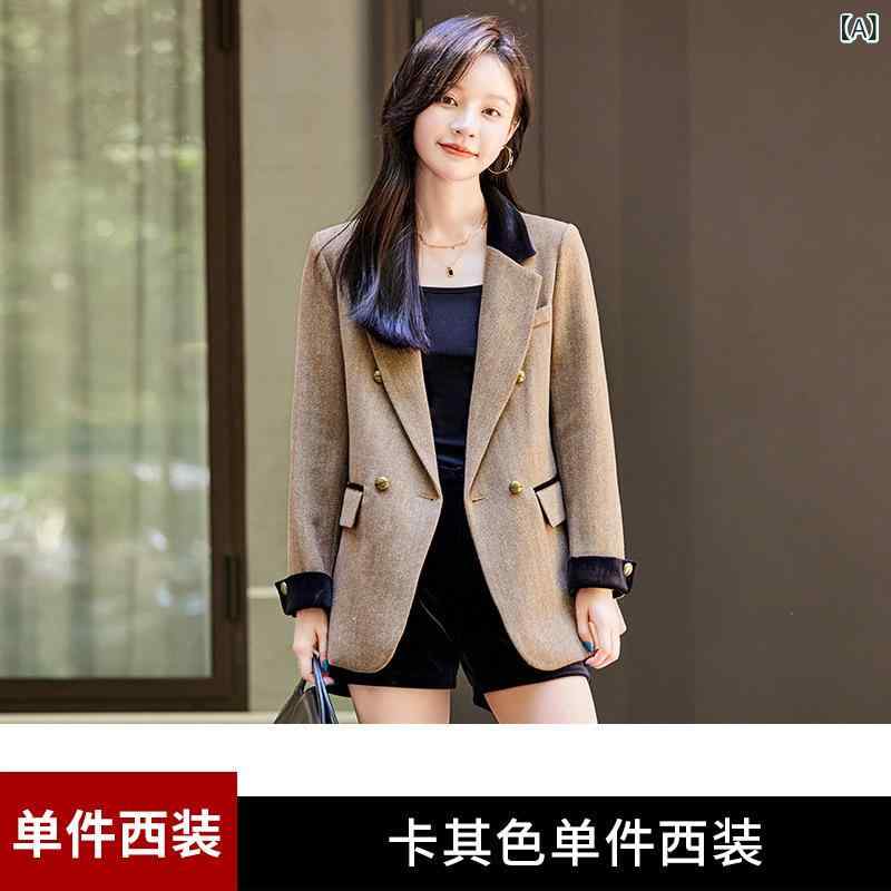 レディース ジャケット コート トップス 秋冬 羊毛 混 ポリエステル 接触冷感 免? 加工 西装領 長袖 一粒扣 通勤 普段使い ベーシック 気質 スタイル カーキ グレー 切り替え デザイン