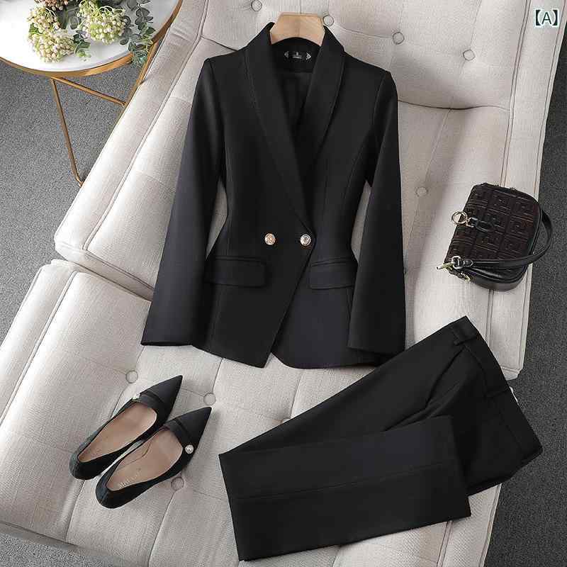 女性用 西装セット トップス ジャケット スーツ パンツ 九分丈 長袖 職業服 通勤用 かわいい 小柄対応 高級感 気品 ポリエステル 再生繊維 ブラック 橘色 ?色 春秋 秋冬 切り替え ビッグシルエット