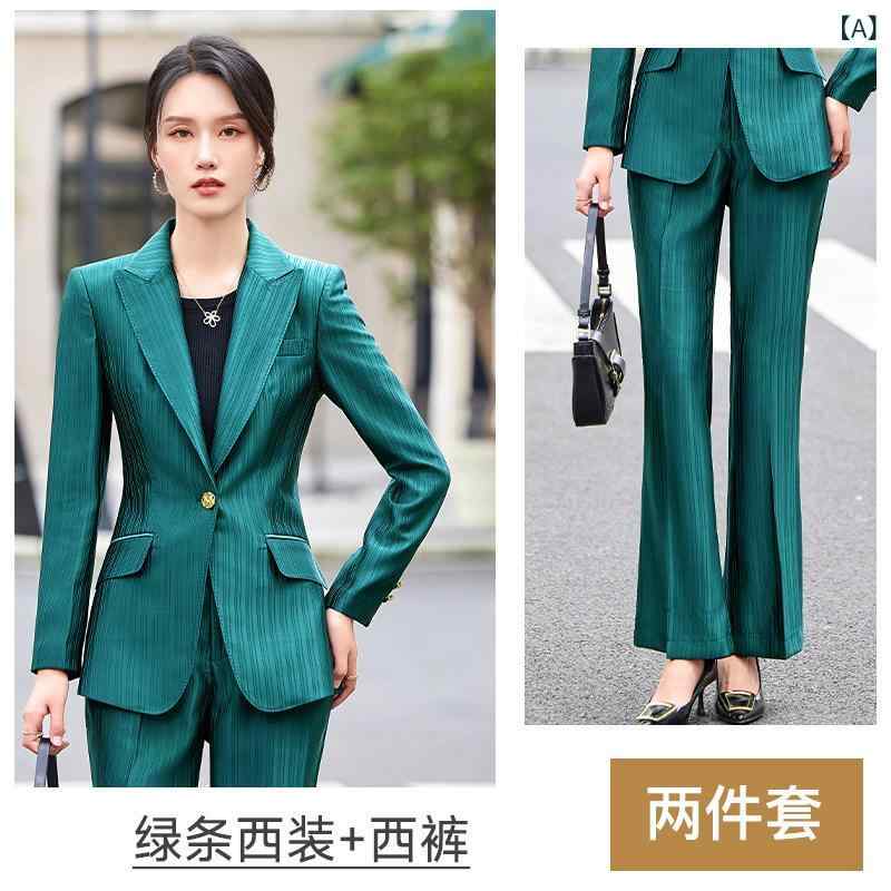 レディース セットアップ スーツ ジャケット ロングパンツ 緑 ストライプ グリーン 職業服 通勤 秋冬 ポリエステル 再生繊維 長袖 フルレングス 職業正装 フォーマル セット 上下 コーデ ビジネス 秋服