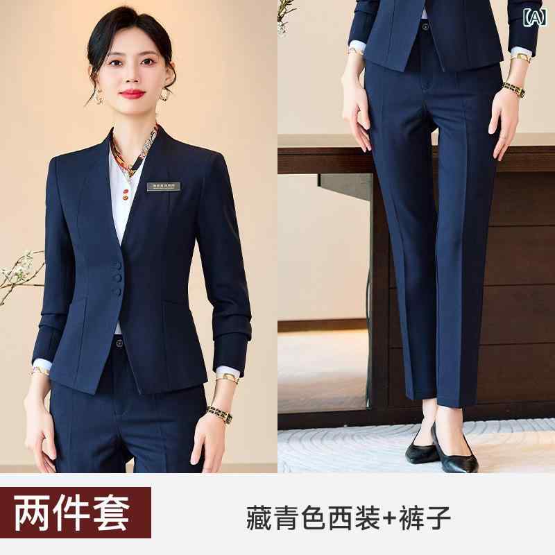 レディース スーツ セット 馬甲 西装 ジャケット ベスト ブラウス 細身パンツ 膝丈スカート 通勤 OL 事務服 美容師 ホテル 受付 接客 宝石店 制服 春夏 ポリエステル 粘着繊維 スパンデックス ストレッチ ネイビー グレー ブラック 長袖 セッ
