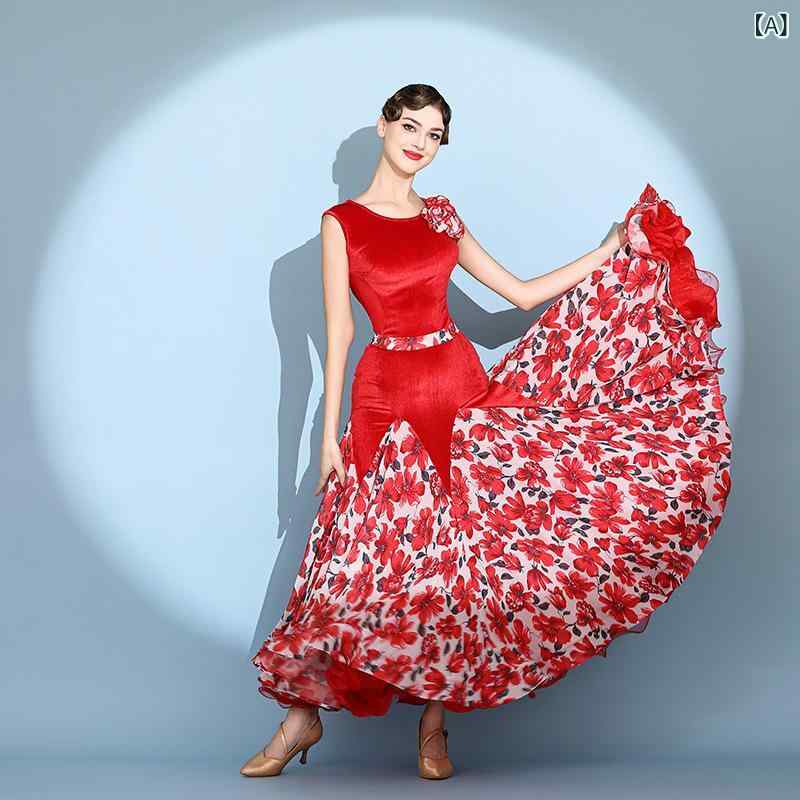 ワルツドレス レディース 無袖 灯芯? 花柄プリント モダンダンス 社交ダンス衣装 秋冬 伸縮性 切り替えデザイン 赤花 墨緑花 S M L XL XXL対応 ステージパフォーマンス 競技用 優雅シルエット|naruki