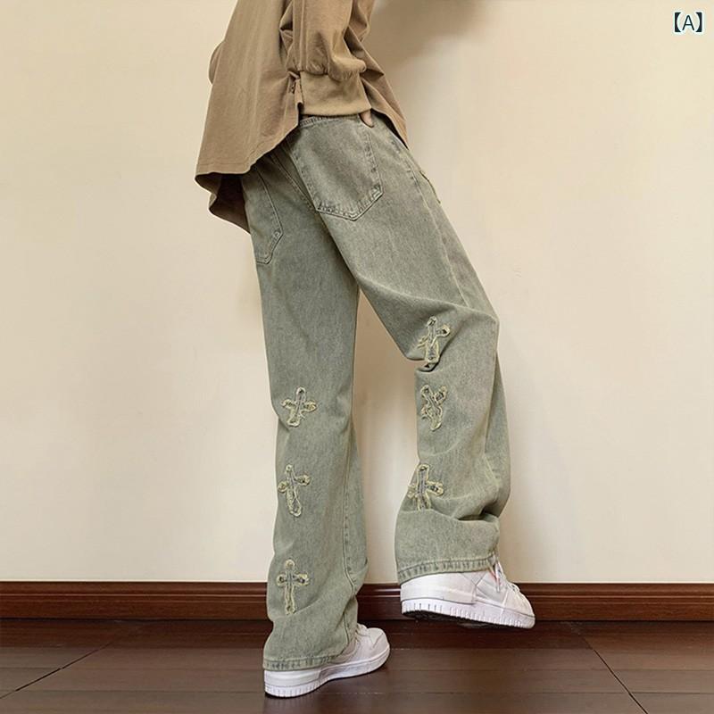 メンズ 牛仔パンツ 直筒 刺繍 ミディアムウエスト ライトブルー コットン ストレッチ ゆったりシルエット 刺繍加工 水洗加工 刺繍デザイン 日常使い カジュアル ストリートファッション