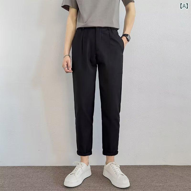 メンズ スラックス 軽ビジネス ミドルウエスト 垂感 直筒 九分パンツ 夏 綿混紡 無弾性 小直筒 ブラック グレー グリーン カーキ ブラウン 普段使い 青年向け ゆったりシルエット 純色 普通厚 ジッパー開き