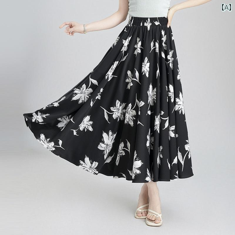 半身スカート 女性用 夏 薄手 プリーツスカート 黒白 植物花柄 Aライン フレア 大きめ裾 長丈 ウエストゴム お腹カバー 通勤 気質 ポリエステル 微弾力 切り替え ハイウエスト 軽量 吸湿速乾 ブラック ホワイト 花柄