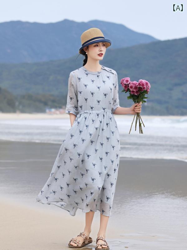 衣裳 春夏 ?麻 刺しゅう 刷り上げる 浅青碧 うつり変わり 大きめスコート ゆったり 七分袖 ラウンドのど首 立体取りすてる ドローストリング ゆったり腰 大きめ大いさ 軽さ 通気性 吸湿速乾 ゆったり影ぼうし ルーズフィット ボヘミアン 返り咲き風 普段使い