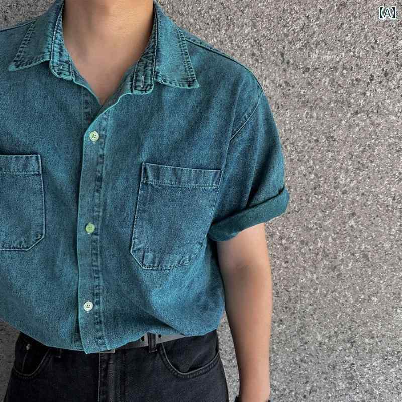 メンズ シャツ トップス 半袖 牛仔 デニム 綿 夏 春夏 夏季 韓国風 トレンド 痞? ルーズ ビッグシルエット ゆったり 方領 切り替え プリント 染め ボタン ブルー ネイビー ブルー系 休? 普段使い カジュアル ゆったり 大きめ メンズ夏服｜naruki