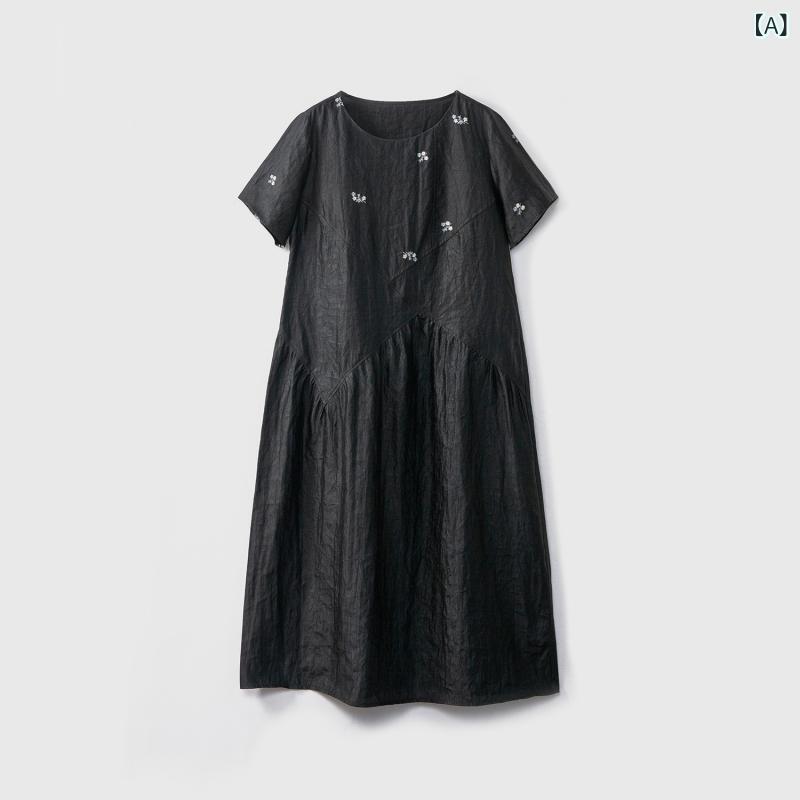衣装 お上さん用 桑蚕? 真? 香雲紗 A生産ライン ロングスコート 刺しゅう 花柄 刺しゅう 丸首 短袖 ゆったり腰回転運動 うつり変わり 黒いこと 通い 夏 当たること冷感 軽さ 通気性 国風 精神状態