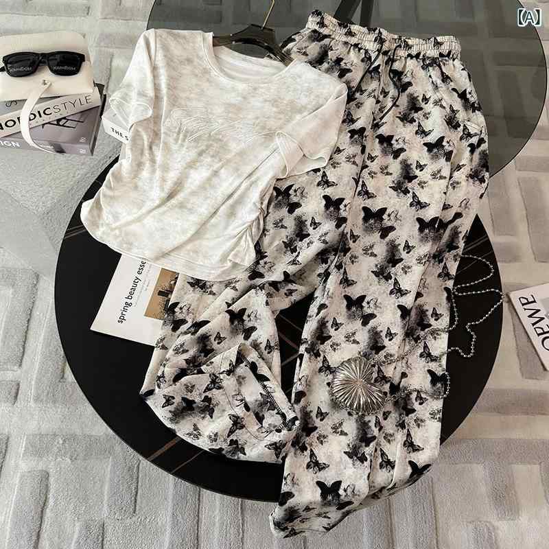 レディース 夏 トップス 短袖Tシャツ 接触冷感 修身 収腰 正肩 公主袖 3D立体柄 雪ニール ストレッチ セットアップ ワイドパンツ 白色 シルクタッチ 吸湿速乾 軽量 ハイウエスト ルームウェア カジュアル 普段使い｜naruki