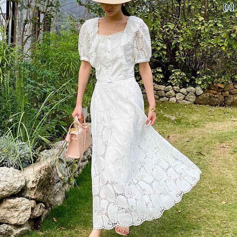 レディース セットアップ 夏 小香風 刺繍 レース トップス スカート セット 泡泡袖 フリル 中長丈 米白 接触冷感 ポリエステル 切り替え 気質 ?雅 私服 普段使い 軽量 伸縮性 吸湿速乾 ハイウエスト ビッグシルエット Vネック カジュアル|naruki