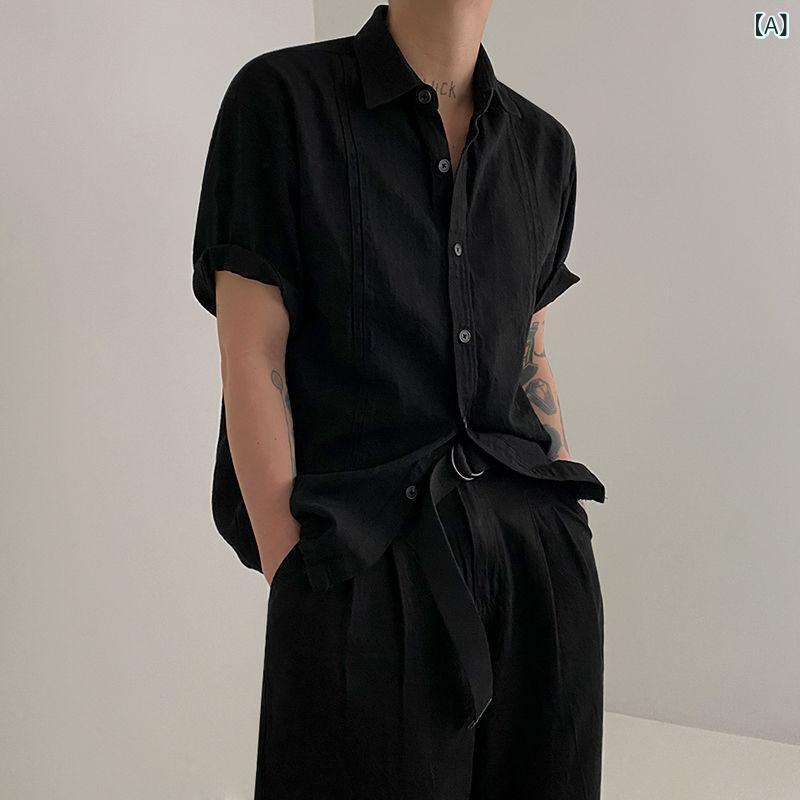 メンズ シャツ トップス 短袖 半袖 方領 ブラック 夏 春夏 ポリエステル 麻 リネン 混紡 ゆったり ルーズ 韓国風 トレンド デザイン ユニセックス 軽量 通勤 普段使い カジュアル|naruki