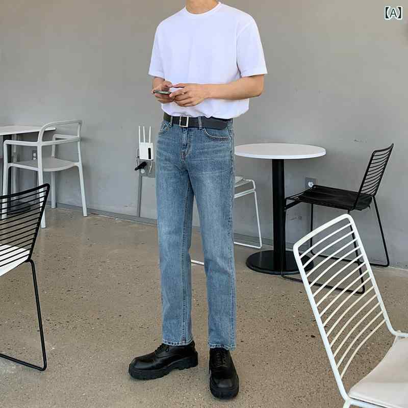 メンズ デニムパンツ 夏 青少年用 韓国風 トレンド ワイドストレート クロップド ミッドライズ ジップフライ コットン混紡 水洗加工 ライトブルー 軽量 通勤 普段使い カジュアル ストリートファッション 吸湿速乾 快適 ストレッチなし｜naruki 8,769円