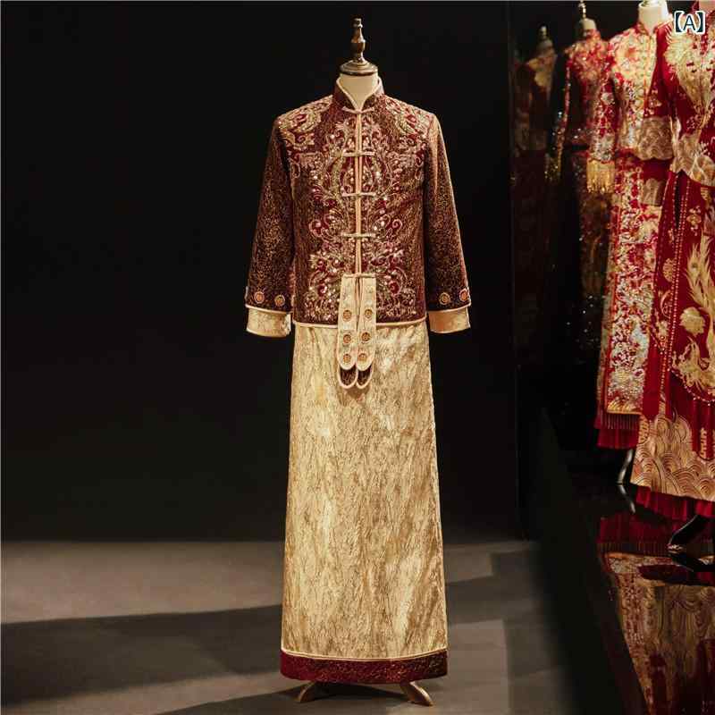 チャイナ服 メンズ 結婚式 新郎敬酒服 春夏 唐装 刺繍 綿混紡 ポリエステル 宴会用 青年向け ボタン 装飾 中国風 古装喜服 男性用 フォーマルウェア カジュアルスタイル 軽量素材 切り替えデザイン 華やかトップス スタンドカラー 伝統柄｜naruki