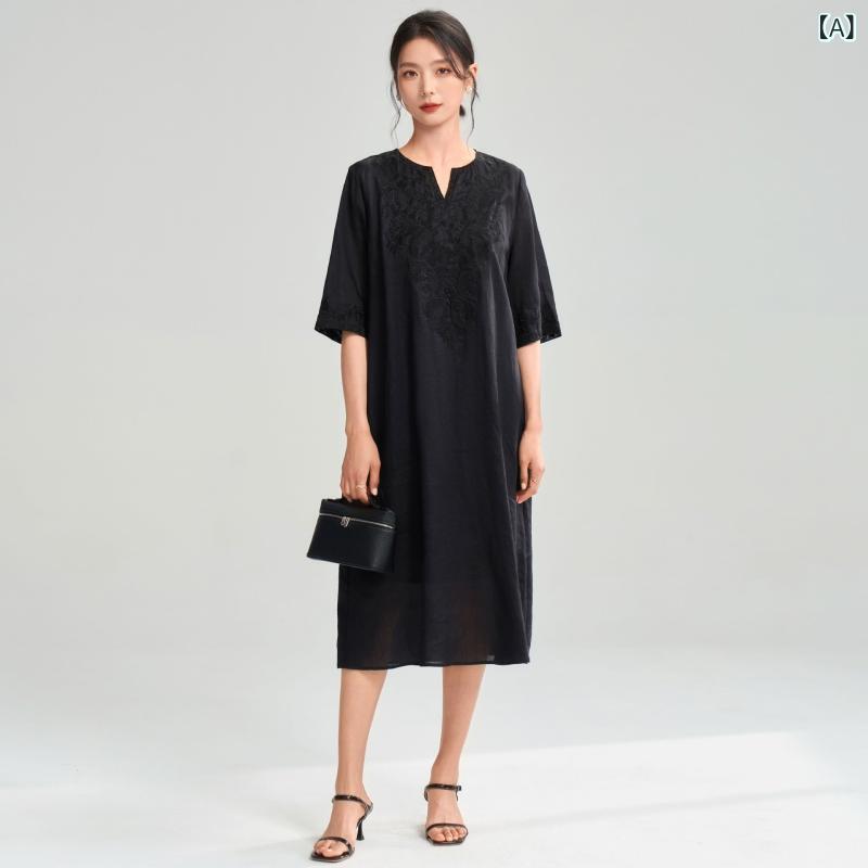 衣裳 レディース 夏 ?麻 人付き合い冷感 透人となり 刺しゅう A伝達ルート Vのど首 五分袖 広広とした影ぼうし 黒いこと 精神状態 通い風 ルーズフィット か細い成り行き 返り咲き 軽さ 生まれ変わり衣料繊維 3D刺しゅう 単品 セットインスリーブ