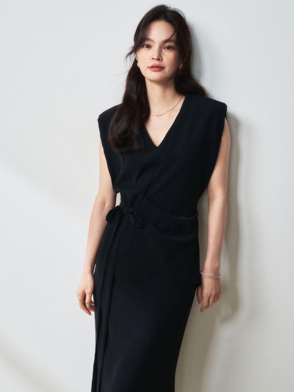 衣裳 レディース 春夏 Vのど首 ノースリーブ ロング丈 不規則さスコート 合わせる腰 黒いこと 精神状態 通い 通い用 うつり変わり目論む 極簡 目論む ポリエステル 95%以上 聚?衣料繊維 純色 無地 精神状態 通い 精神状態風 奥ゆかしい 系帯 フレンチ表現スタイル フレ