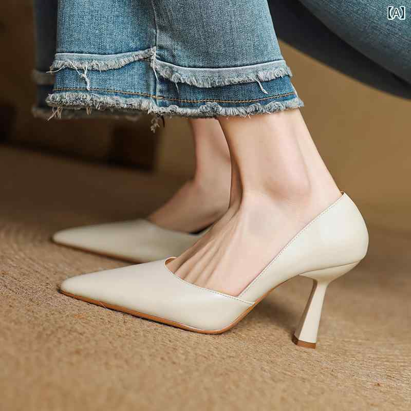 高跟パンプス 女性用 春夏 牛革 尖頭 浅口 中空 細ストラップ 超高ヒール 8.5cm 米白 杏色 酒赤 接触冷感 通勤 日常 軽量 伸縮性 低・悉 シングルストラップ 純色 韓版風|naruki