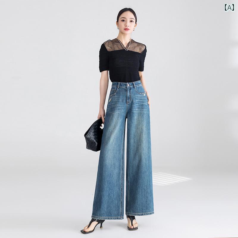 パンツ レディース 春夏 牛仔パンツ デニムパンツ 全棉 高腰 ハイウエスト ワイドレッグ クロップド フレアパンツ ミディアム厚 微弾力 通勤 気質スタイル 長ズボン トルコブルー ミディアムブルー 洗い加工 ヴィンテージ加工 切り替え ジッパー 普段｜naruki