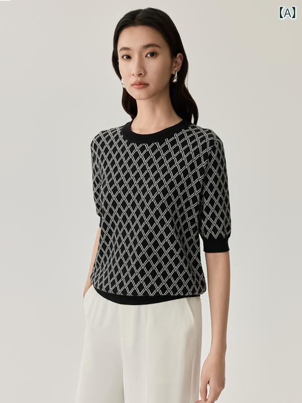 Tシャツ 女性用 春夏 桑蚕絲 綿 混紡 黒白 格紋 短袖 七分袖 丸首 ゆったり 空気層 刺繍 ニットトップス 接触冷感 吸湿速乾 軽量 伸縮性 部屋着 通勤 普段使い 芸術的 レトロ カジュアル|naruki