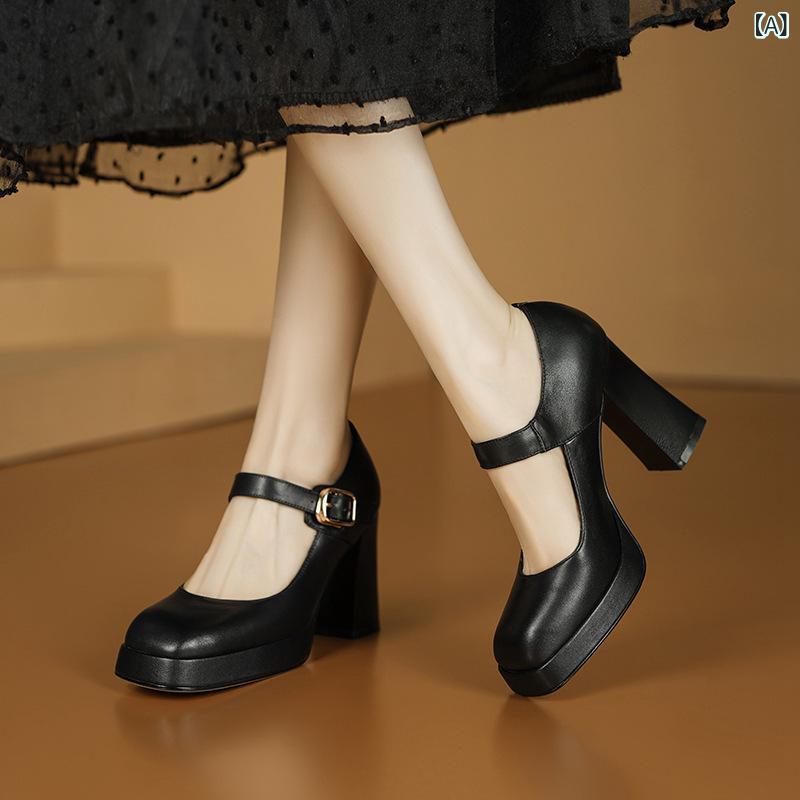パンプス レディース 粗ヒール ストラップ 浅口 シングルストラップシューズ メアリージェーン 方先 頭層牛皮 低・悉 黒 米白 羊革 ゴム底 猪革内張り 粘着製法 日常履き 通勤 普段使い 春秋 秋冬 春夏 防水台 韓国スタイル|naruki