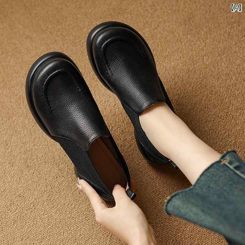 レディース 厚底 ローファー 羊皮 ニット 弾力 小さいサイズ 粗中跟 深口 丸トゥ 低・悉 単靴 ブラック 杏色 秋冬 春 冬 日常 普段使い 伸縮性 純色 粘着底 PU底 猪皮内里 頭層猪皮 インソール セットオン 休? カジュアル｜naruki 8,255円