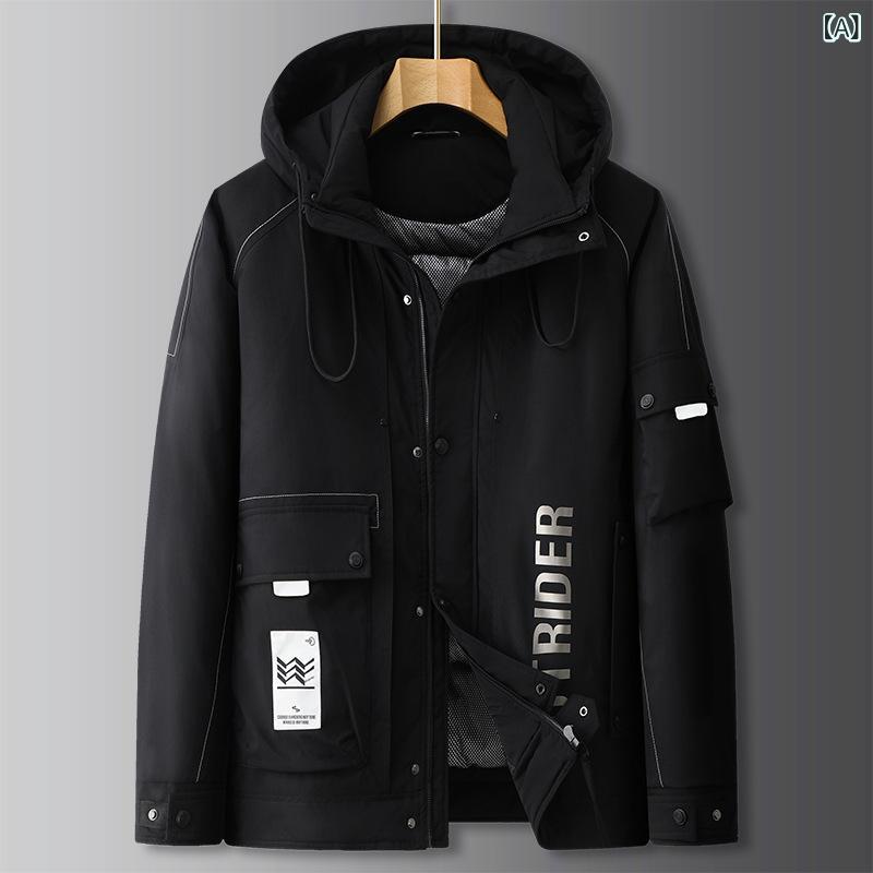 羽?服 メンズ ビッグ大きさ ゆったり ロング丈 照明ランプ色つや ボンネット付き添い人 ジップアップ 加厚 防風 保温 落ちこむ上衣 ポリエステル 白鴨毛 黒 白 カーキ 秋冬 流行り物 表どおり やり方着風 洗い濯ぎ機洗いもの可 ノン鉄