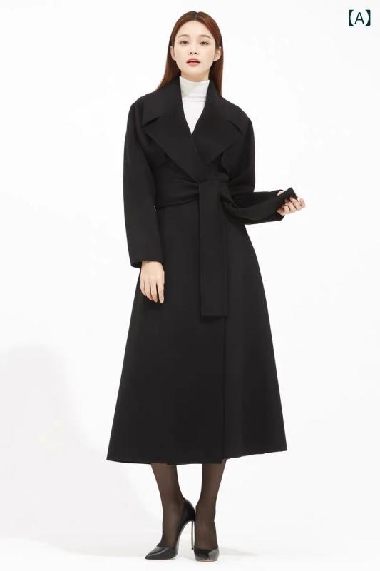 ロング厚地の外套 レディース 秋冬 絨毛 羊毛 朦々たる ロング丈 翻領 長袖 手縫い 修身 黒いこと 駱駝 系帯 街頭表現スタイル 欧美風 うつり変わり 軽さ 御前上等感 吸湿速乾 通い 普段使い