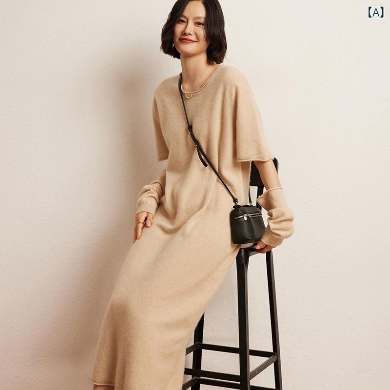 ワンピース レディース 秋冬 中長丈 ゆったり ルーズ かわいい 知性 通勤 ニット セーター トップス 毛織物 山羊毛 混紡 厚手 暖か 七分袖 丸首 単色 立体柄 樹脂加工 青 ベロア 白 ベロア 紫 ベロア グレー ブラック 赤 高級|naruki