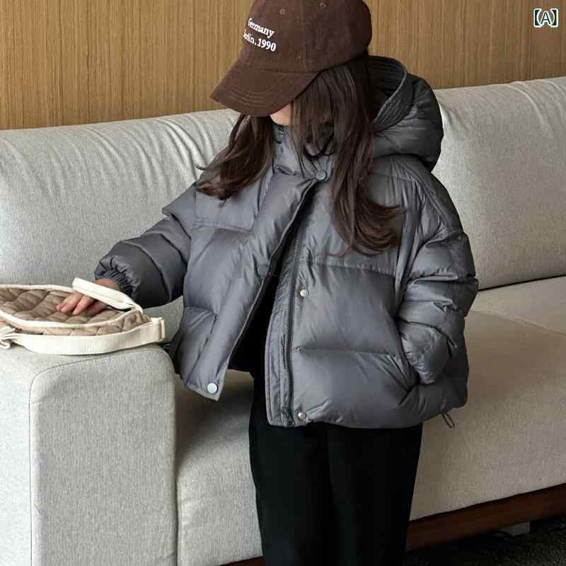 御嬢さん キッズ 落ちこむ上衣 鳥毛 サクラ色落ちこむ 白鴨絨 加厚 生あたたかい 保暖 ボンネット付き添い人 フーディー 短丈 短か目 韓国風 韓版 濫りがわしい ゆったり 長袖 秋冬 冬用 冬期 厚地の外套 上衣 大象灰 薄墨色 寄りあいサクラ色 粉色 米白 象牙色 綿混 ポ