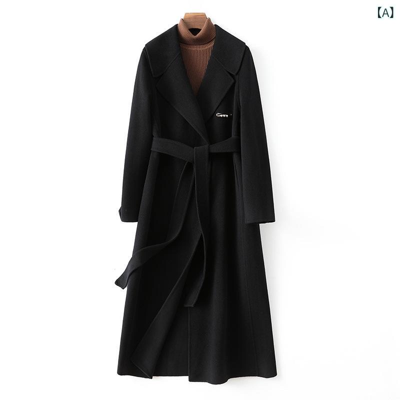 厚地の外套 レディース 秋冬 絨毛 大きめ ロング 膝下丈 か細い 編み物 羊毛 混 黒いこと 駱駝 西装領 九分袖 刺しゅう 単排名取り草 隠し 日韓心地よい 修身 真っただ中厚