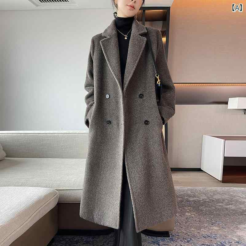 ロングコート 女性用 アルパカ混 羊?毛 大象灰 焦糖色 ミックスカラー ミドル丈 膝下丈 ロング丈 西装領 長袖 修身シルエット 厚手 暖か 裏地付き 加厚保暖 系帶 ダブルブレスト ボタン 気質通勤 韓風 秋冬 通勤用 アウトドア|naruki
