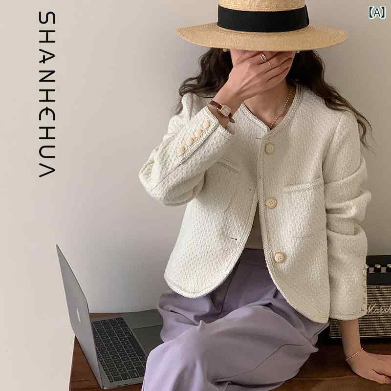 レディース 絨毛 毛織り 上衣 厚地の外套 粗花・希 短丈 トップス 春 白いこと 中朦々たる 長袖 ラウンドのど首 シングル乳ぶさ 名取り草 うつり変わり 韓国風 日韓表現スタイル ポリエステル混 紡績原料品 純色 標準尺度相応う 真っただ中丈
