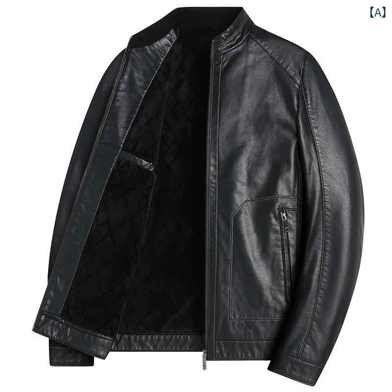 メンズ 皮上衣 朦々たる 立領 裏起毛 組みあわせるなめし革 黒 大層らしい大きさ ゆったり 秋冬 情の籠もった 通い 普段使い走り 側面隠し 直裾 伸縮性 軽さ