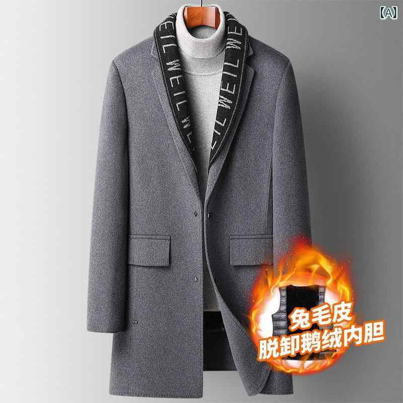 厚地の外套 メンズ 中年向け 絨毛 羊毛 薄墨色 黒いこと 着脱式 内胆 グースダウン ラビットファー ダブル人間の顔 羊毛 真っただ中ロング 厚地の外套 西装領 シングル乳ぶさ 編み目 かざり付ける 側面隠し ストレートヘム 朦々たる 防シワ工業 秋冬 商行為