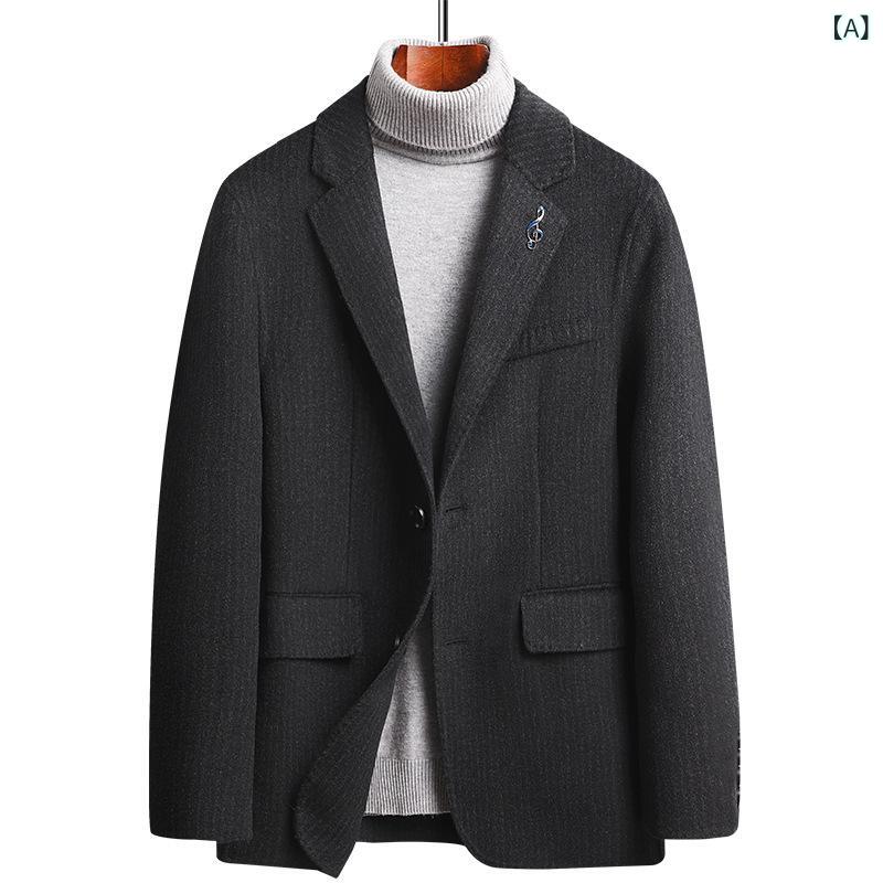 メンズ 秋冬 西装 ジャケット テーラードジャケット ブレザー ストライプ柄 羊毛 ウール 毛織り 厚手 暖か 防水 ノーアイロン 直線シルエット シングルブレスト ツーボタン ロングスリーブ 黒灰 中灰 ステッチポケット 後ろスリット 丸底 長丈 カジ|naruki