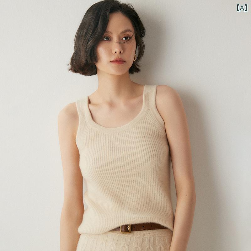 編み物 キャミソール レディース 秋冬 絨毛混 羊? 無袖 修身 か細い 百搭 U素っ首 仕掛けるはたご屋 衣嚢 衣嚢付き添い人 肌付き トップス 打底衫 青 薄墨色 黒いこと 白いこと 分かりやすい 日常使い走り 日韓心地好い