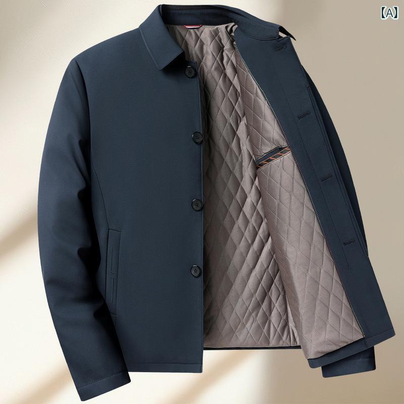 厚地の外套 メンズ 中高年 成人男性用 秋冬 綿服 保暖 朦々たる 毛糸混 ポリエステル 裏地 翻領 シングル乳ぶさ 広広とした影ぼうし ゆったり 直裾 片方衣嚢 無地 紺色 米国海軍 うす暗い青色 着脱式襟 ノン鉄産業 防シワ 防風 軽さ 生あたたかい 普段使