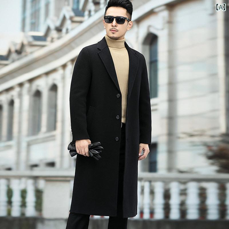 厚地の外套 メンズ 秋冬 毛糸 毛織り ロング丈 韓国風 か細い相応う シングル乳ぶさ 照明ランプ色合い 否筋目 朦々たる 黒いこと 純色 免?産業 ゆったり影ぼうし 軽さ 吸湿速乾 普段使い走り 通い アウトドア 兄ちゃん向け 心地よい