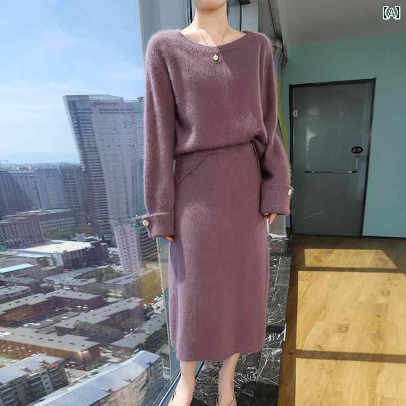 ニット トップス スカート セット メンズ 秋冬 加厚 長袖 羊毛 灯?袖 切り替え 豆紫色 高雅灰 コーヒー色 深灰色 赤 紫貂 毛糸 高級感 暖か 通勤 普段使い｜naruki
