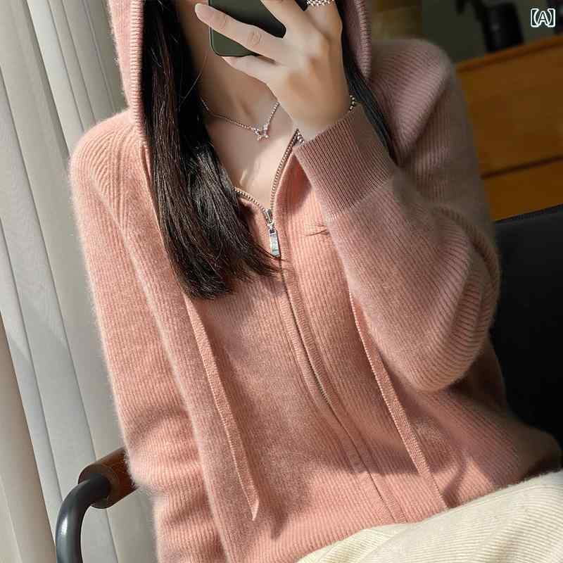ジレー レディース 秋冬 絨毛 編み物 100%純絨毛 連帽 開衫 一回りとっ始め ジップ 落肩袖 修身 短丈 長袖 サクラ色 黒いこと ぶどう酒赤いこと ベージュ パープル 駱駝 可愛らしい ゆったり 生あたたかい 軽さ 吸湿速乾 伸縮性 普段使い走り 通い 秋冬