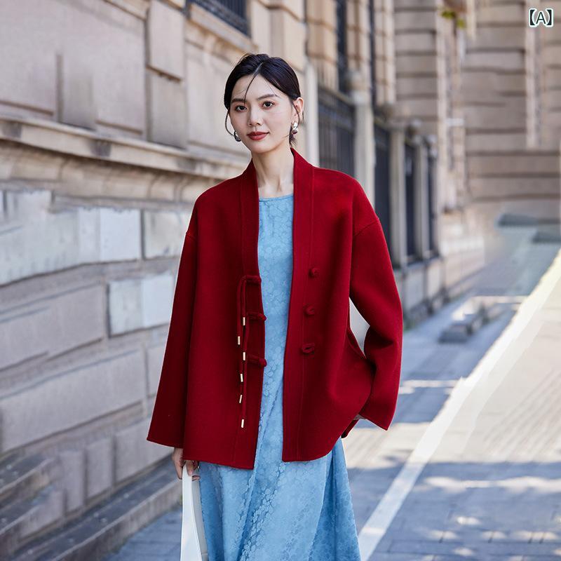 コート レディース 短丈 羊毛 大きめシルエット 加厚 毛織り 外套 無襟 長袖 盤ボタン 中国風 復古 ボタン 厚手 純色 フランスレッド 米白 バニラグリーン 秋冬 通勤 普段使い 手縫い 高級感｜naruki