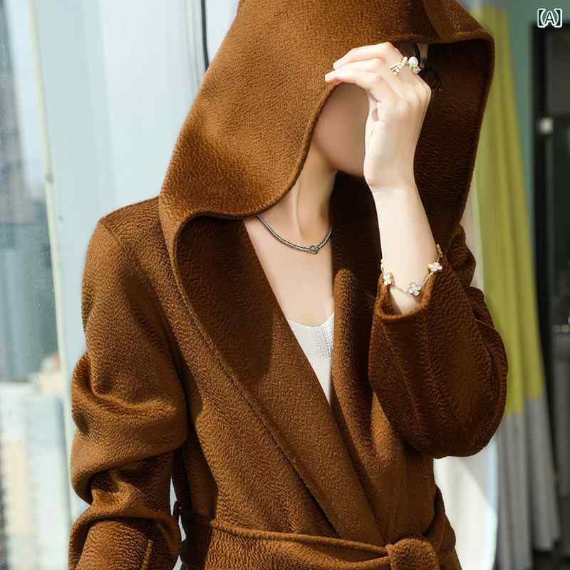 秋冬コート レディース ロング丈 ウール混 ダブルフェイス ハニカム紋 フード付き ベルト 厚手 暖か 通勤 気質 ポケット 長袖 焦糖色 金キャメル色 ブラック 純色 羊毛以上｜naruki