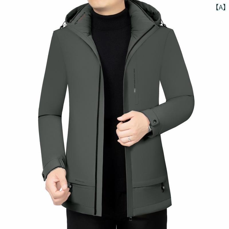 メンズ 羽?服 中長丈 冬用 中年成人男性 修身 加厚 厚地の外套 連帽 白?? 防寒 防?? 抗寒 蓬鬆 高蓬鬆度 立領 拉? 普通厚 純色 休? 商行為 ロケール 脱卸内胆 免? ロケール根もと 聚?衣料繊維 軍緑 ・稀色 藏青 黒いこと