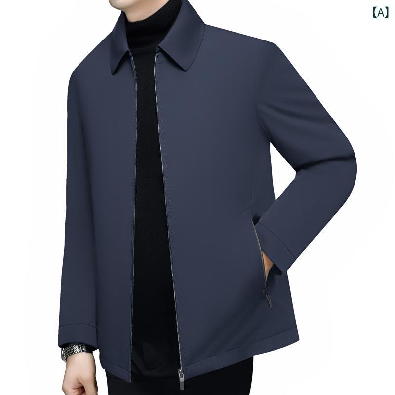 コート メンズ 中年男性用 冬用 綿服 厚手 保温 ポリエステル 立襟 ジップアップ 合体型 直下? ロブ底? 袋蓋ポケット 紺色 ネイビー ビジネスカジュアル 普段使い｜naruki