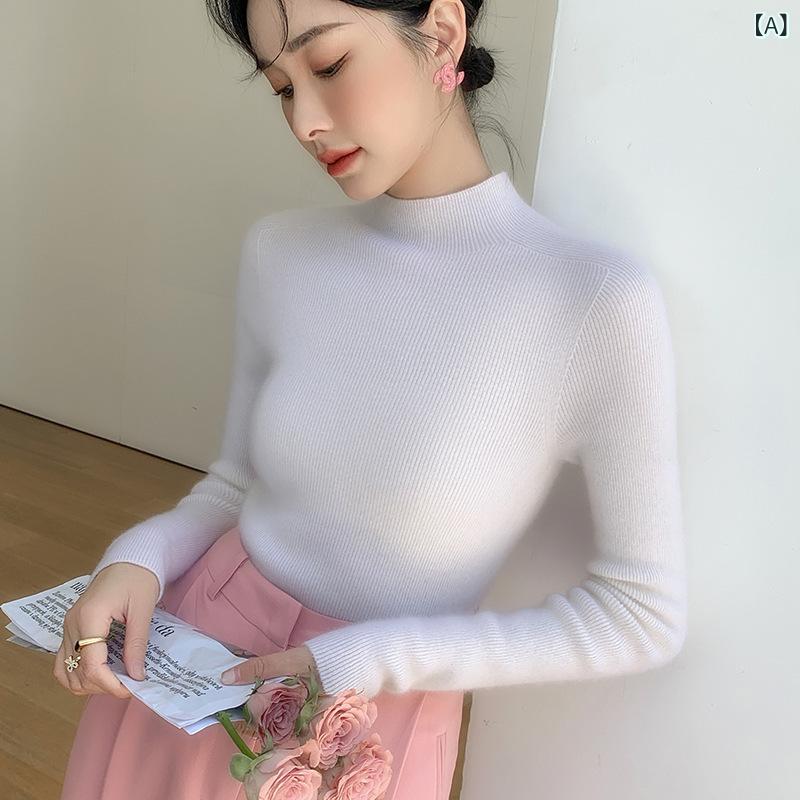 秋冬 毛衣 レディース 無縫 一体型 山羊毛 ニット トップス 半高領 長袖 修身 スリムフィット インナー 接触冷感 純色 中厚手 セットアップ不要 ピュアカラー 珍珠白 原毛キャメル 紫毛色 クライン藍 霧藍 キャラメル 森緑 静謐黒 清新 スイート|naruki